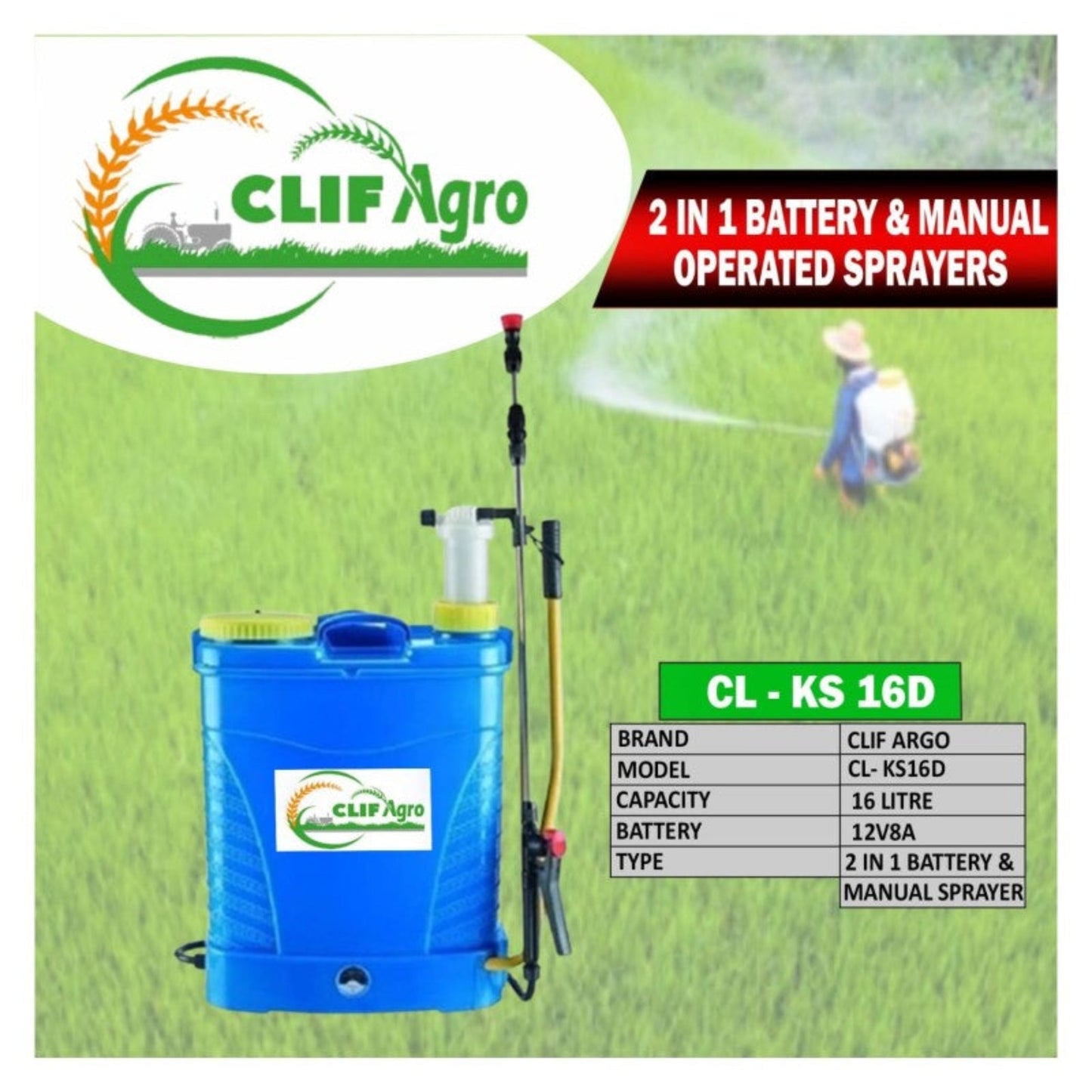CLIF AGRO Battery Operated Sprayer 2-in-1 – 16 Ltrs (CL-KS-16D)