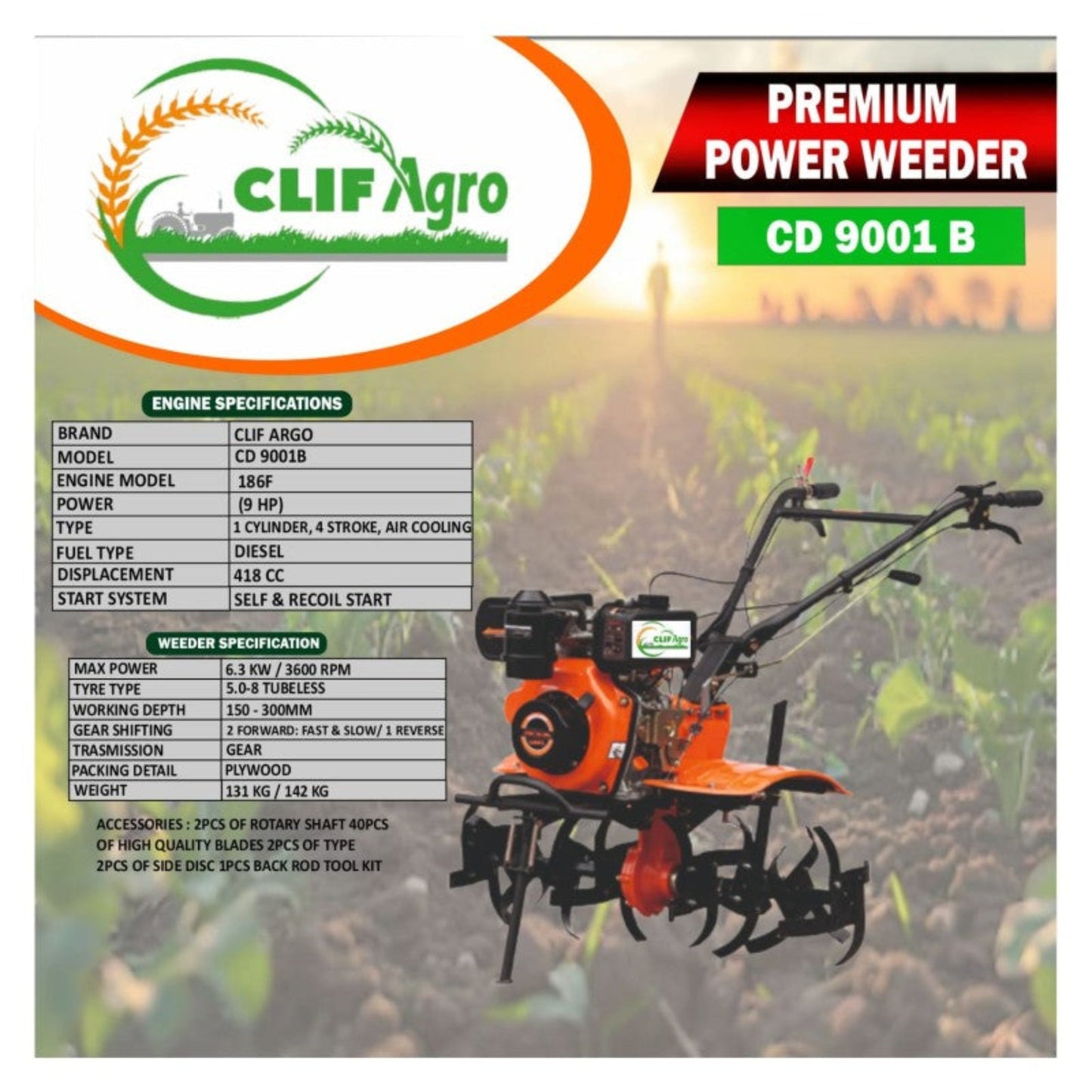 CLIF AGRO CD9001B Premium Power Weeder – 9HP 186F Diesel 4-Stroke Cultivator (418cc, Gear Drive)
