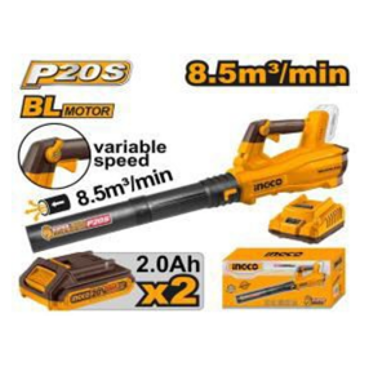 INGCO 20V Cordless Leaf Blower – P20S Brushless Motor with 2 x 2.0Ah Batteries