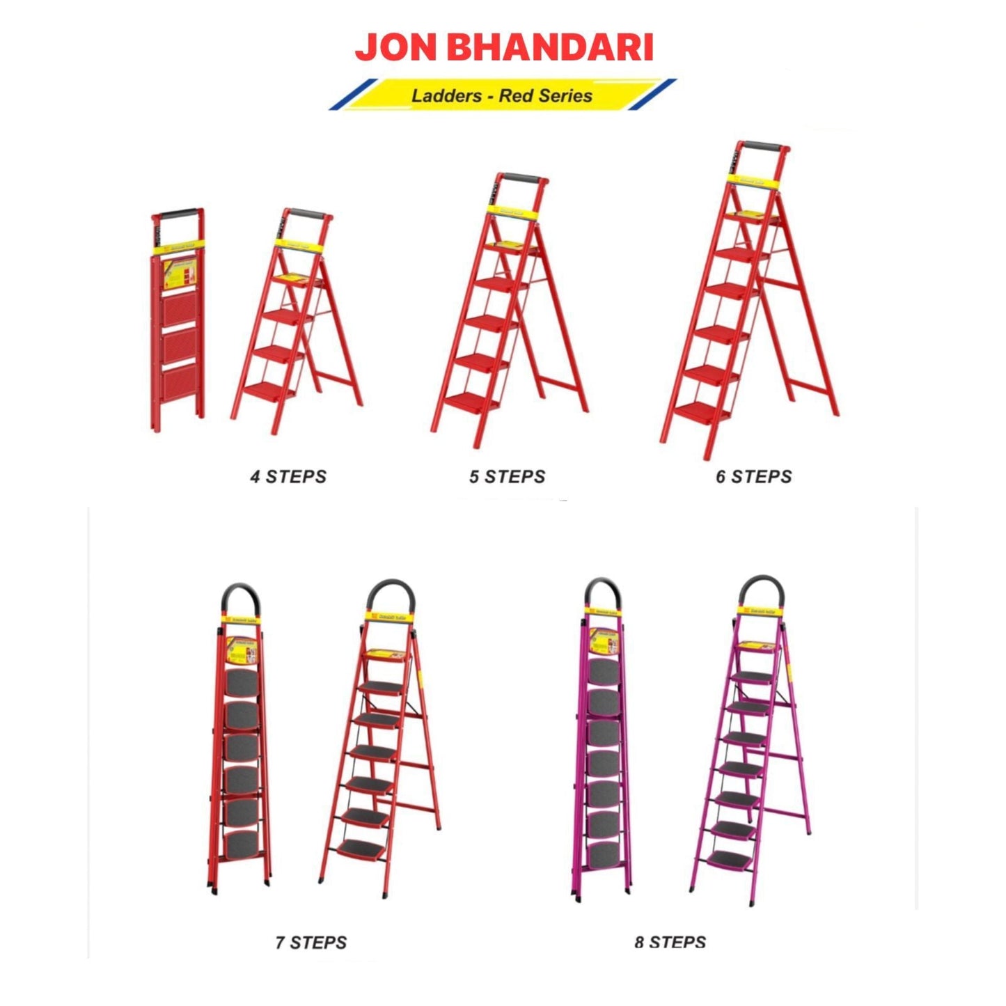 Jon Bhandari Red Series Heavy Duty Steel Step Ladder | 6 and 7 Step Folding Ladder