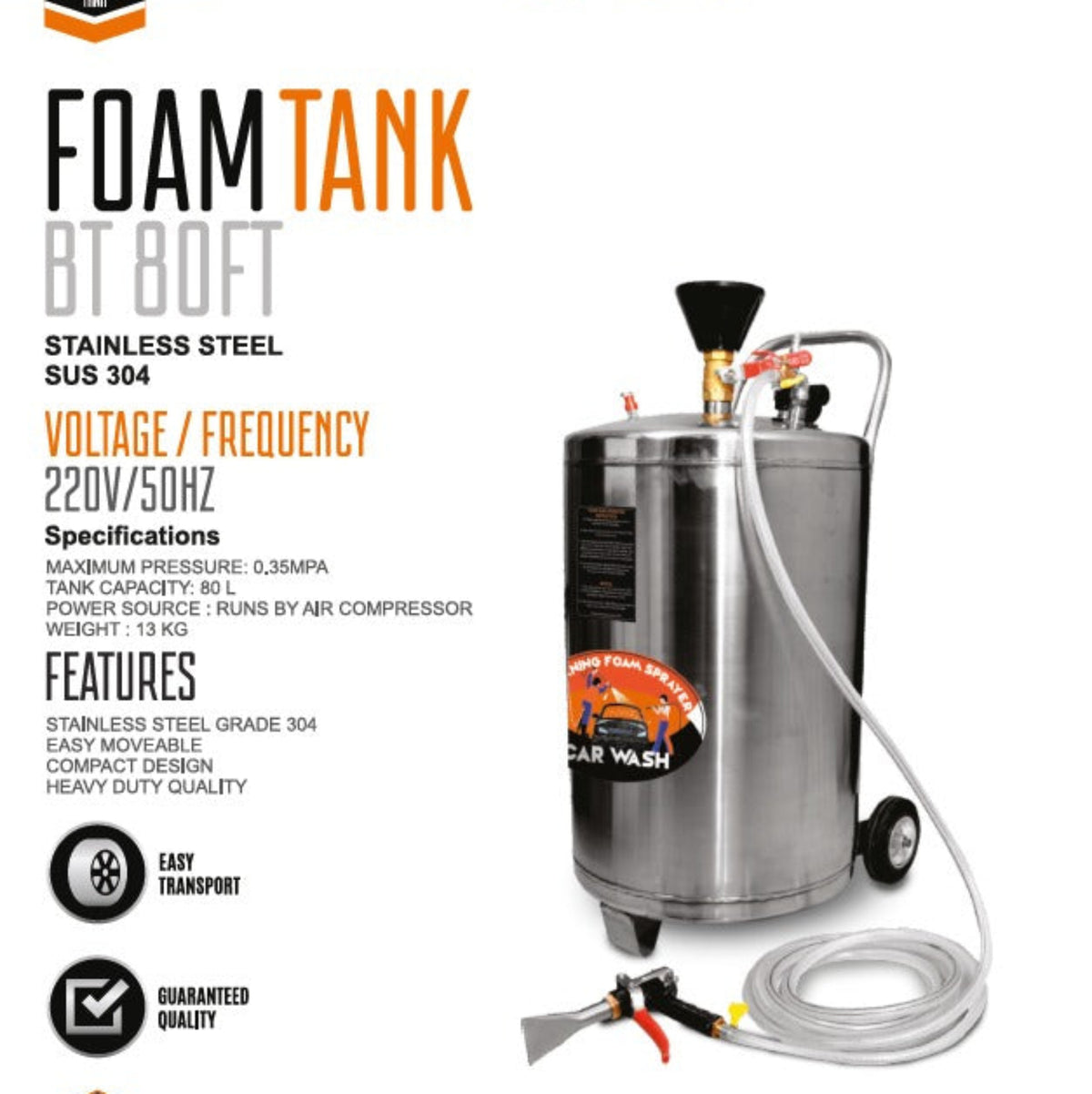 BTali BT 80FT Stainless Steel Foam Tank 80L SUS 304 for Car Wash