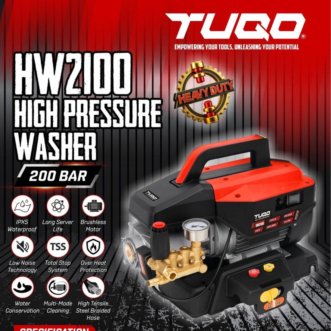 TUQO HW2100 Heavy Duty High Pressure Washer – 200 Bar | 2350W | 10 L/min