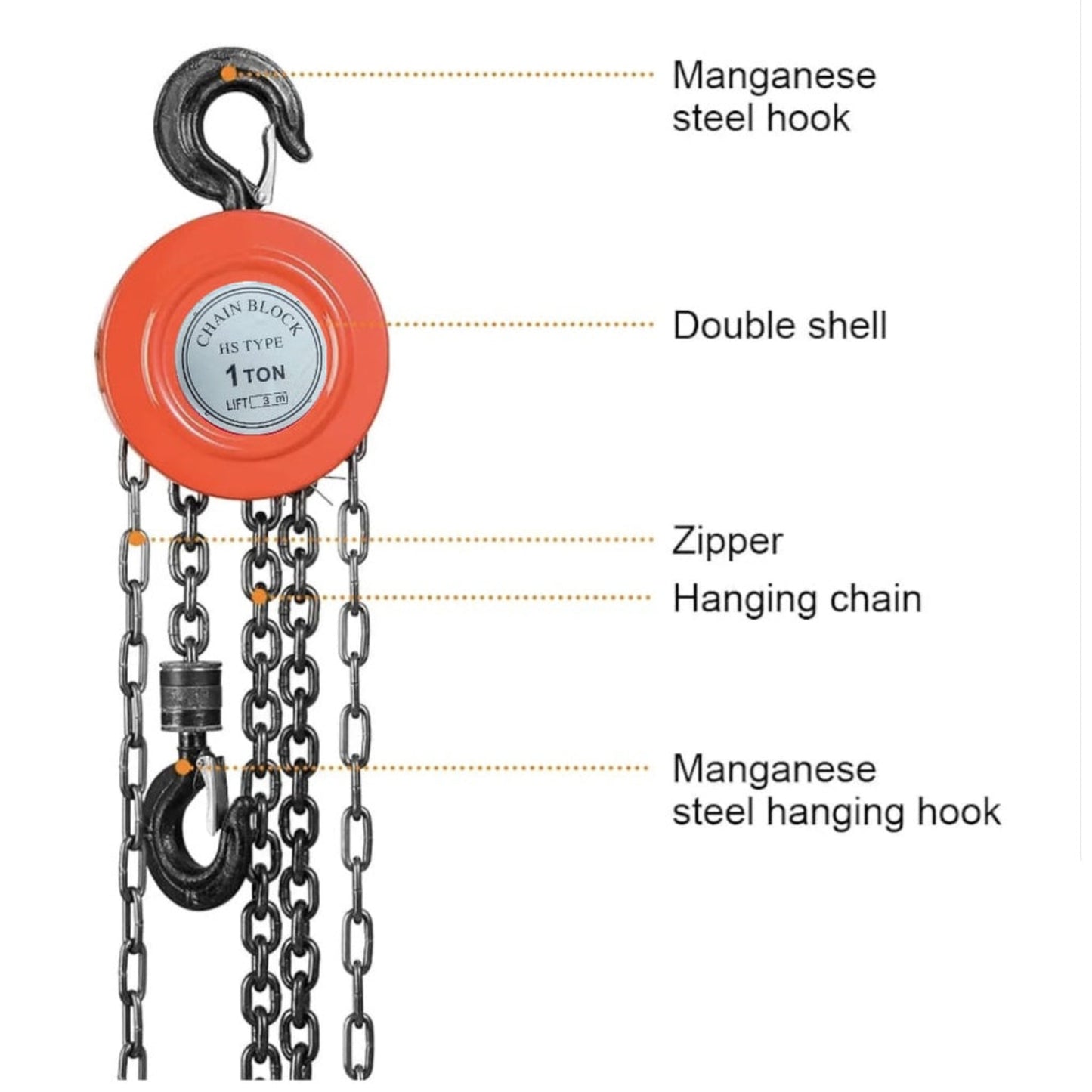 1 Ton Chain Block China make– 3 Meter Lift Manual Chain Pulley Block | Heavy Duty Material Lifting Hoist