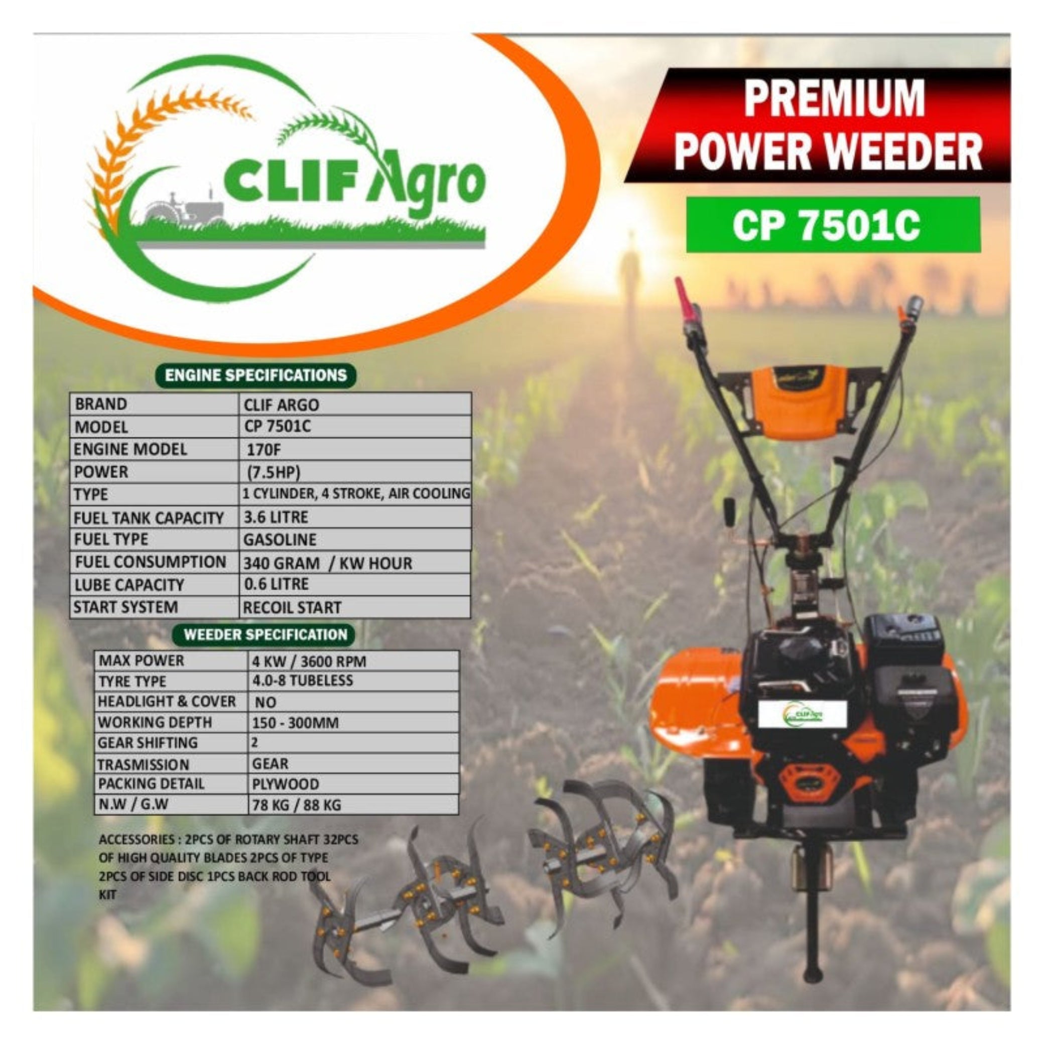 CLIF AGRO CP7501C Power Weeder – 7.5HP Petrol 4-Stroke Cultivator with ...