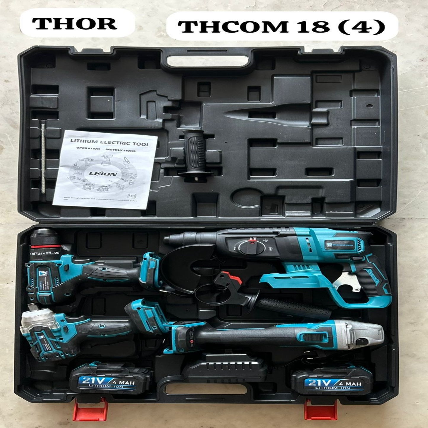 4-in-1 Cordless Power Tool Combo Kit (21V, 4Ah Li-ion) – Hammer Drill + Impact Wrench + Drill Driver + Angle Grinder