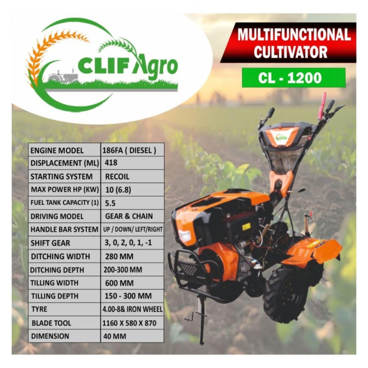 CLIF AGRO Multifunctional Cultivator 6.8HP – CL-1200 (186FA)