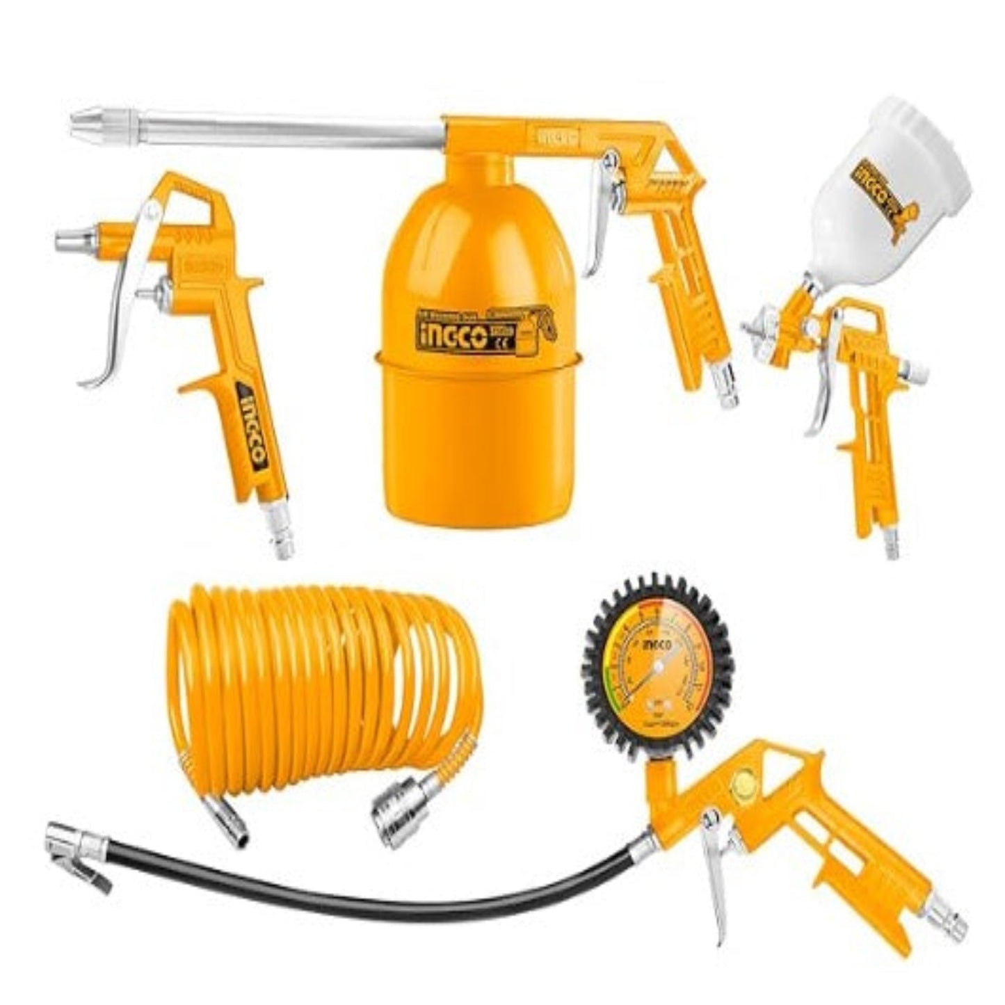 INGCO 5 Pcs air Tools Set, Includes 4m Recoil Hose, Air Washing Gun, Air Spray Gun, Air Tire Inflating Gun, Nitto Type Connector