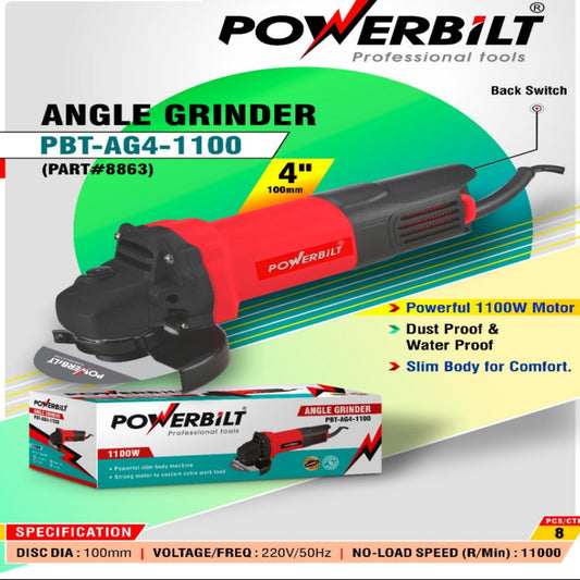 Powerbilt PBT-AG4-1100 4" (100mm) Angle Grinder – 1100W Professional Power Tool
