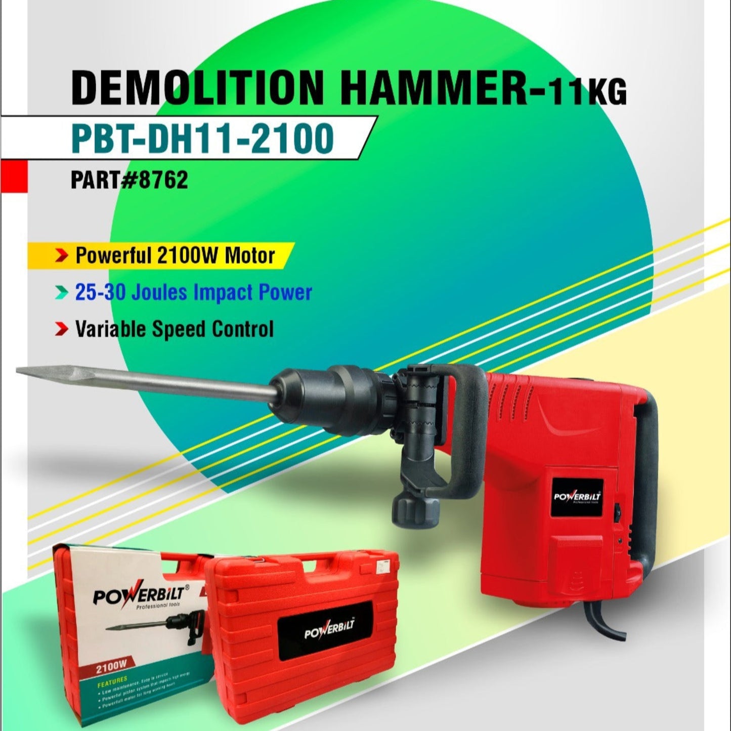 Powerbilt PBT-DH11-2100 Demolition Hammer 2100W - 25-30J Impact - SDS-MAX - 11KG
