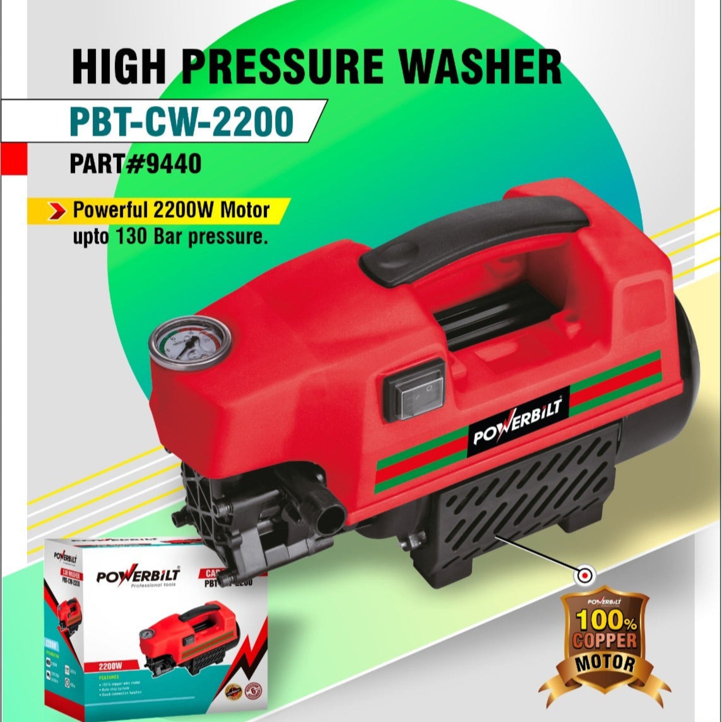 Powerbilt PBT-CW-2200 High Pressure Washer – 2200 W, 130 Bar, 390 L/H Flow, 100% Copper Motor