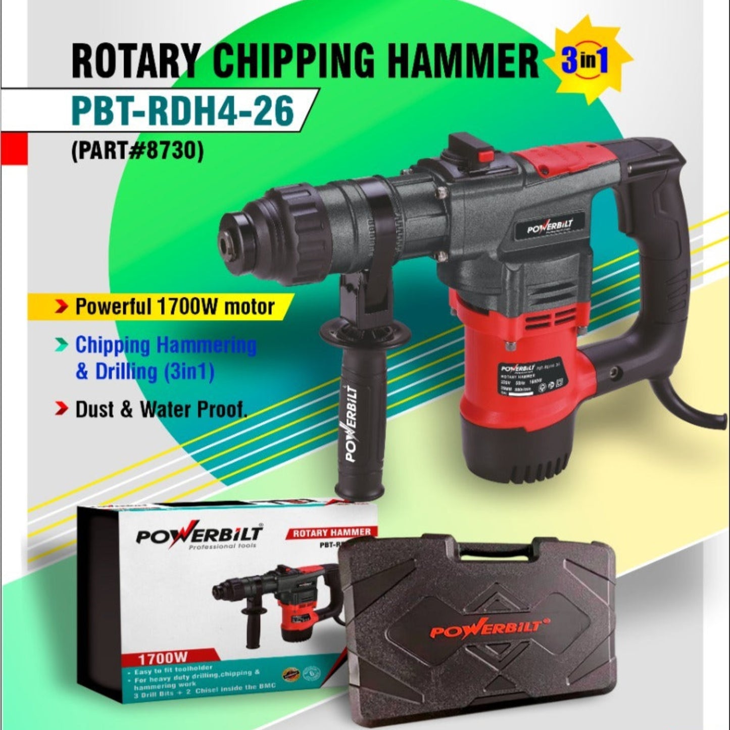 Powerbilt PBT-RDH4-26 Rotary Chipping Hammer 1700W - 3-in-1 Drill, Chipping & Hammering - 26mm - Dust & Waterproof