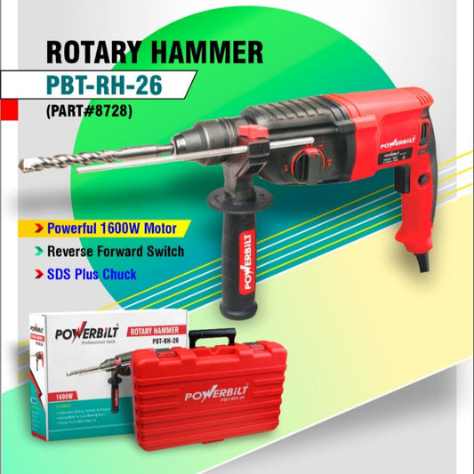 Powerbilt PBT-RH-26 Rotary Hammer – 1600 W, SDS Plus Chuck, 26 mm Drill Capacity