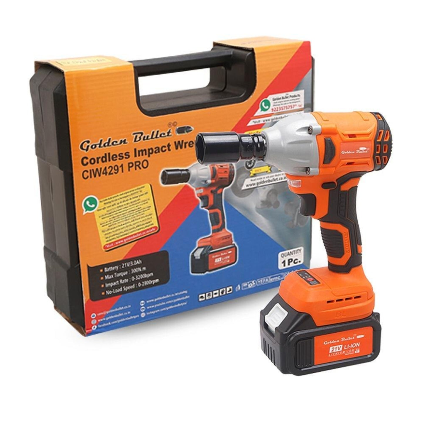 Golden Bullet CIW4291 PRO 21V Cordless Impact Wrench | 3.0Ah Li-ion Battery, 300Nm Torque, Fast Charger & Carry Case